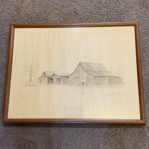 Vintage Lithograph Art Drawing Nature Log Cabin House Barn Signed #’d, Framed